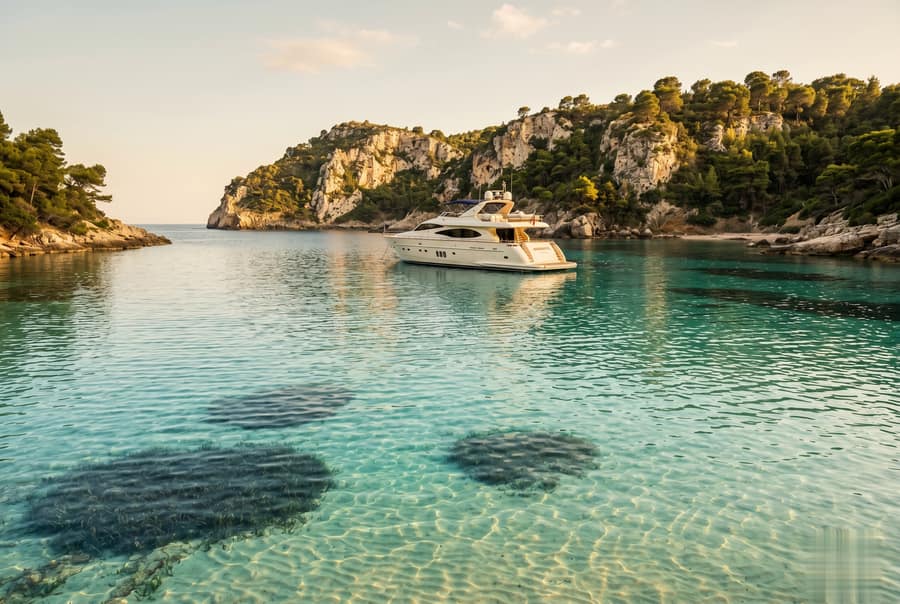 Luxury yacht on the crystal turquoise water of the Saronic Gulf off the Athens Riviera